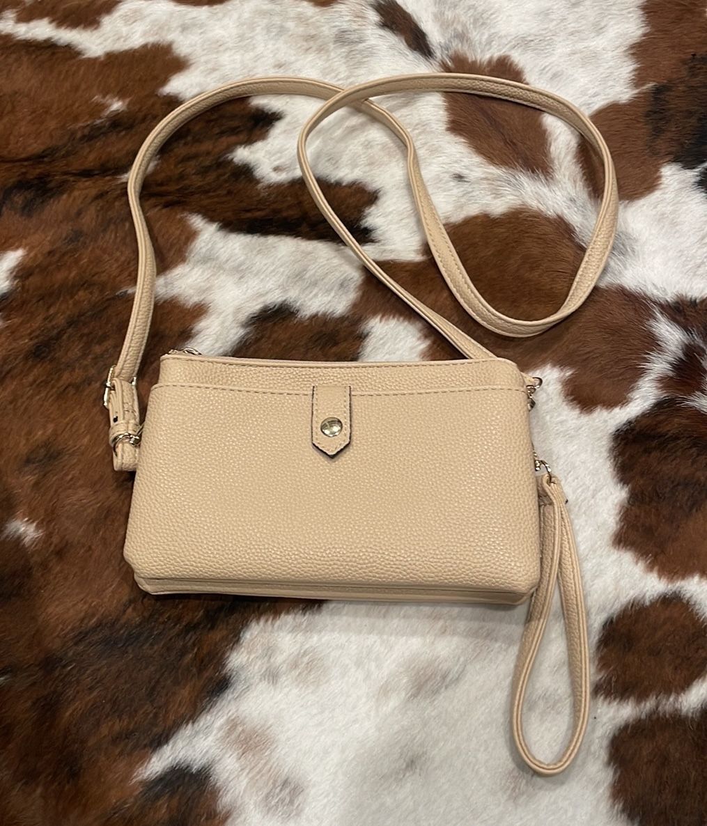 Beige vegan leather wristlet crossbody