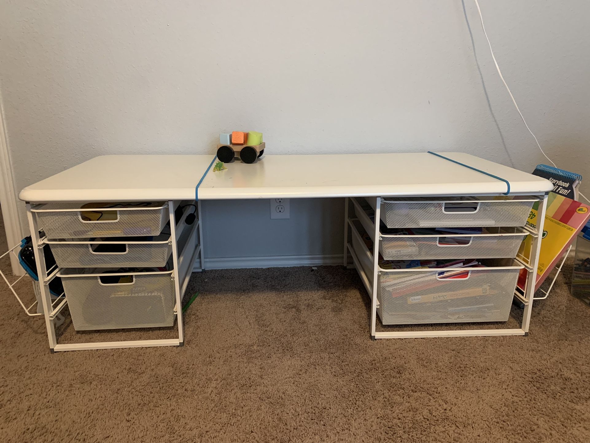 White Elfa Kids Writing & Coloring Desk w/6 Baskets, Blue Chair.