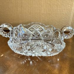 Vintage American Brilliant Cut Glass Double Handle Nappy Bowl Candy Serving Dish