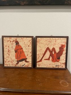 Vintage Pair of Hand Painted Framed African Batik Artworks Signed by Artist J. Mwangi.