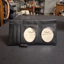 Fossil Black Grained Leather Wallet W/Circular Photo Or ID Slots, Spotify For Checkbook & Pen & Credit Cards