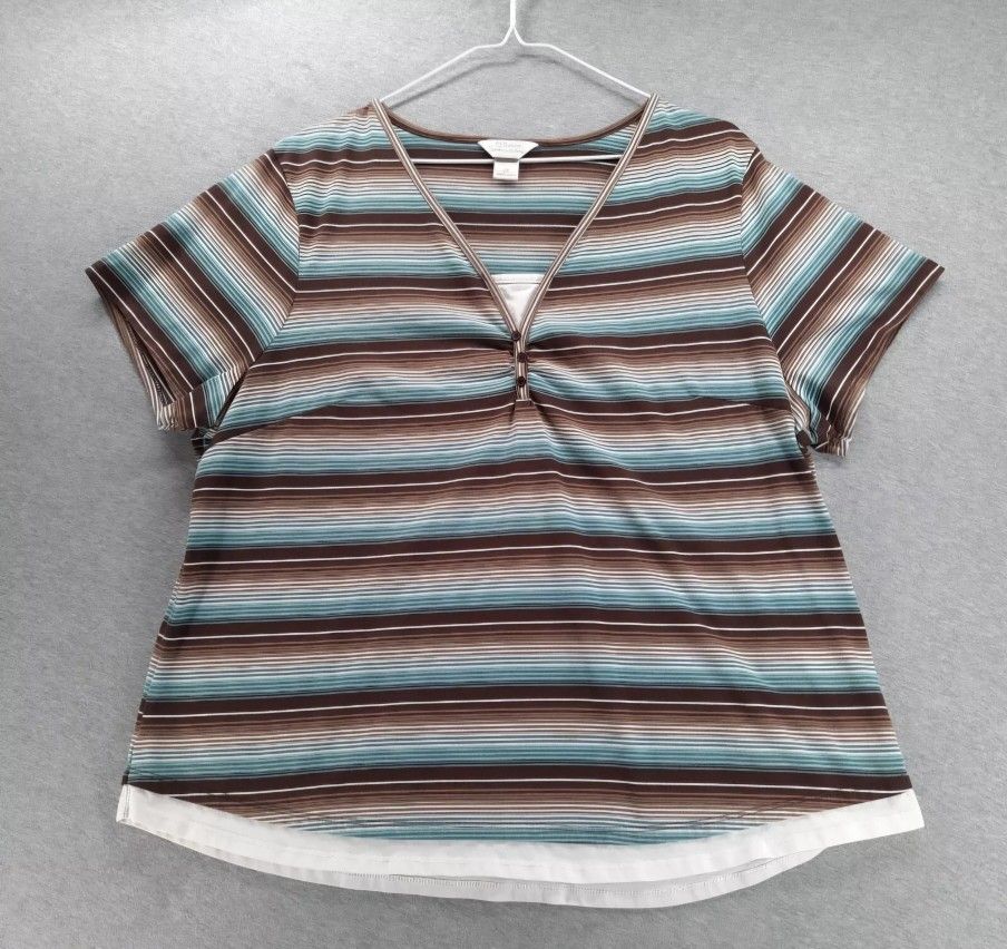 CJ Banks Top Womens 2X Brown Blue Stripe Short Sleeve V-Neck Layer Look T-Shirt