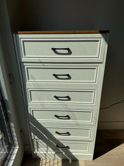 White 6-Drawer Tall Dresser with Wood Top