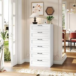 Tall Dresser, Dresser for Bedroom with 6 Drawers, Trapezoidal Design Chest of Drawers, Storage Organizer Unit for Bedroom, Living Room, Hallway, White