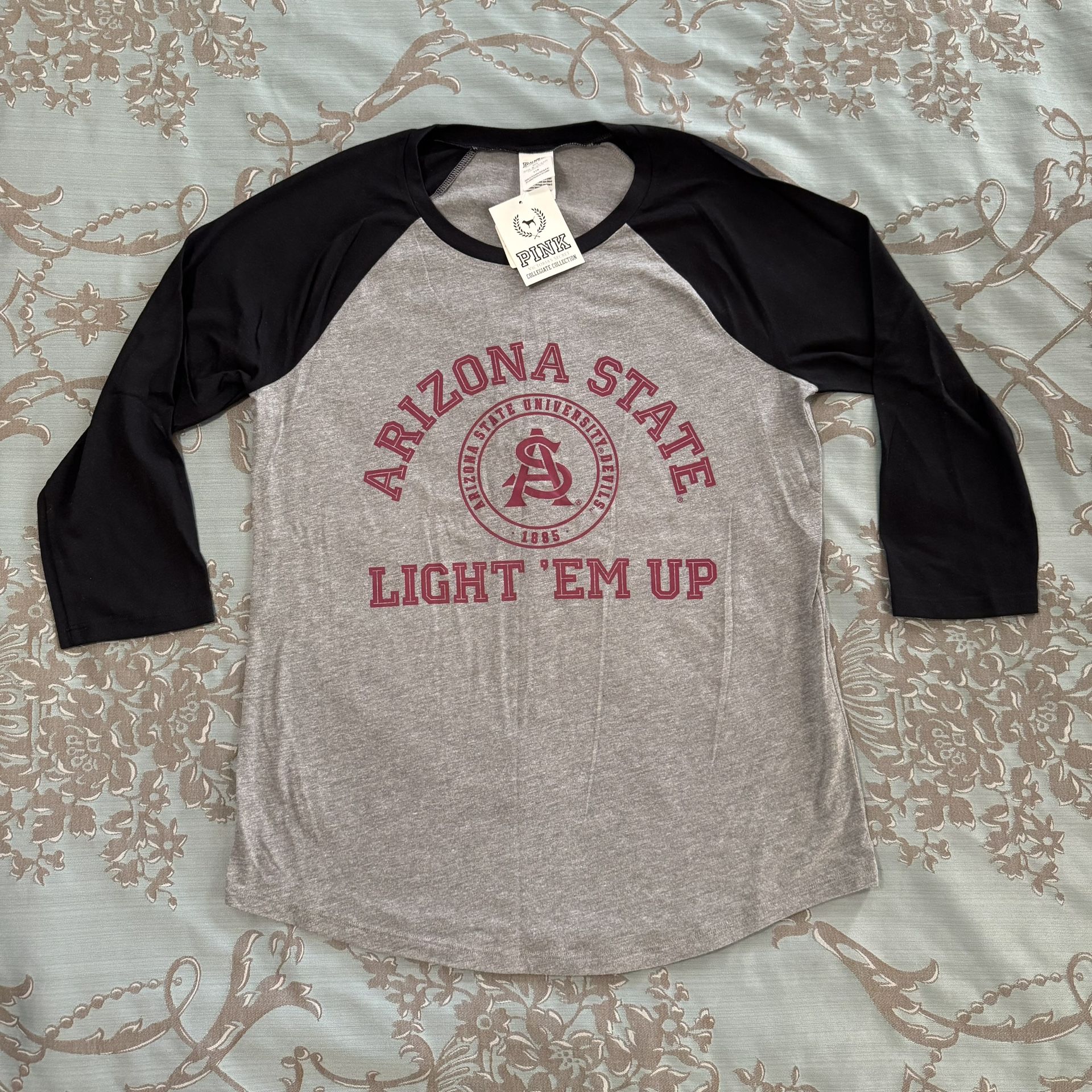 Victoria's Secret PINK ASU Gray Black 3/4 Sleeve Baseball Tee Shirt Size Large
