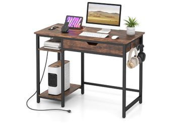 New Assembled Computer Desk with Drawers and Power Outlets, Industrial Gaming Desk Computer Workstation with Adjustable Storage Shelf