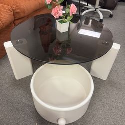 Round Brown Glass Coffee Table Living Room 2 in 1 Combination Coffee Table Small Apartment Table