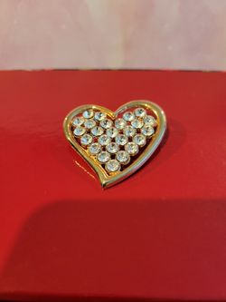 Goldtone Heart Brooch Pin Clear Rhinestones 1.75" F8