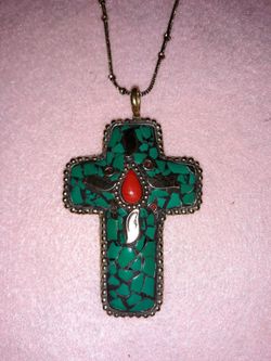 Turquoise and Red Coral Cross necklace