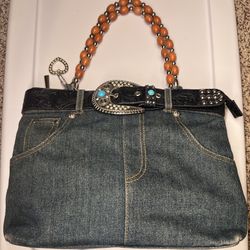 Vintage Y2K Denim Blue Jean Beaded Handle Purse Silver Belt Buckle Handbag