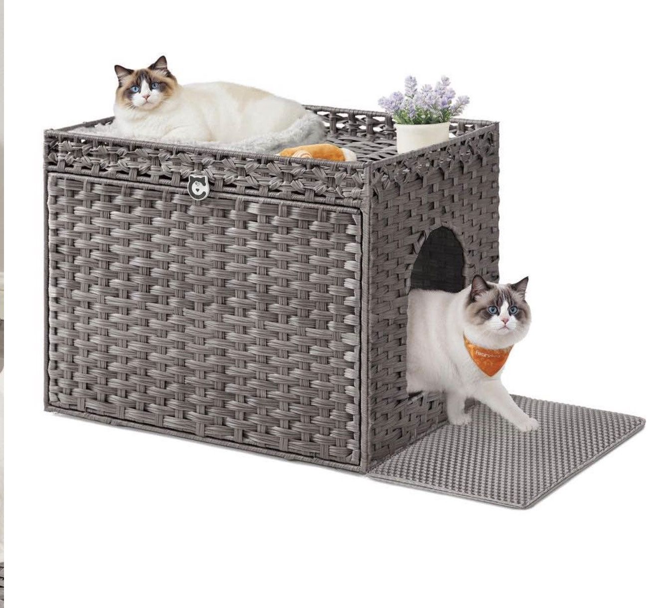 Feandrea Cat Litter Box Enclosure, Handwoven Rattan Hidden Litter Box Furniture with Extra Litter Mat, Removable Washable Tray, Boho Cat H