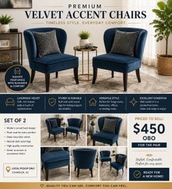 Pair of Premium Living Spaces Navy Velvet Accent Chairs – Excellent Condition – $450 OBO