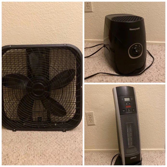 Honeywell humidifier, Holmes box fan and bionaire room heater