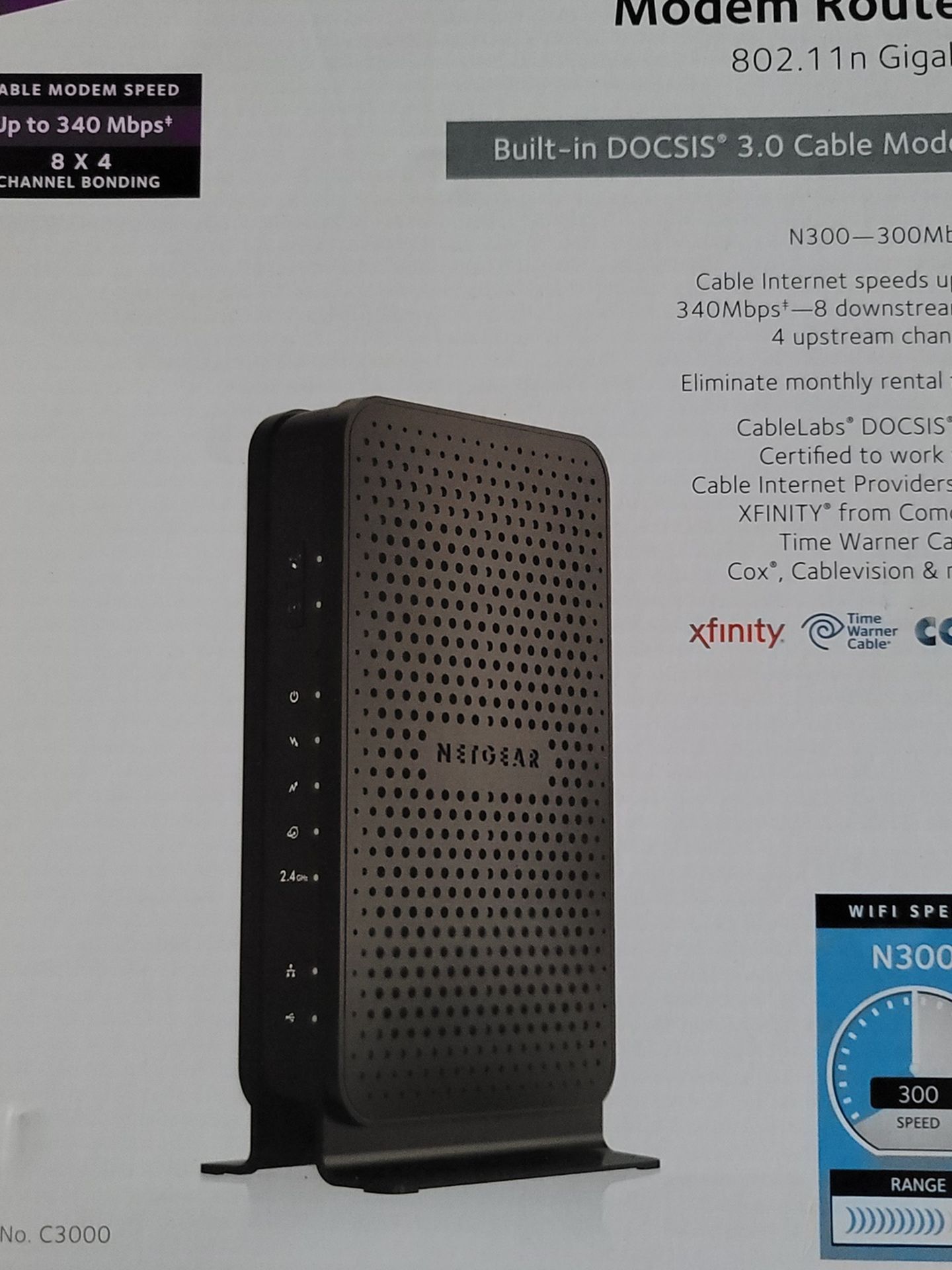 NETGEAR C3000-100NAS N300 (8x4) WiFi DOCSIS 3.0 Cable Modem Router (C3000) Certified for Xfinity from Comcast, Spectrum, Cox, Cablevision
