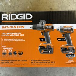 RIDGID 18V Brushless Cordless 2-Tool Combo Kit with Hammer Drill, Impact Driver, (2) Batteries and Charger