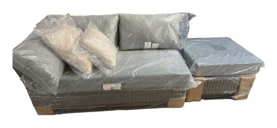 OVE Torrance Outdoor Wicker Loveseat + Ottoman – Gray Cushions, Aluminum Frame (2-Piece) – New