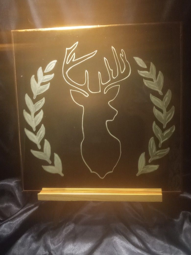 Hand Etched Deer Mirror w/Stand