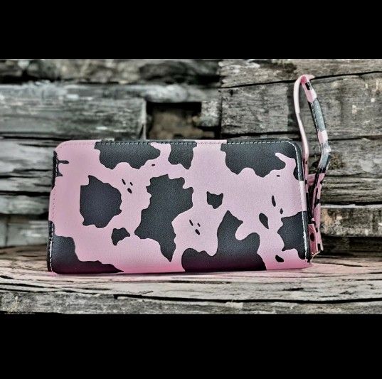 Cow Design Ladies Wallet - Pink And Black With Strap