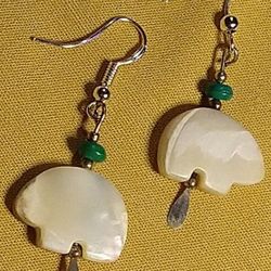  XL-BEAR OF *(MOTHER OF PEARL) WITH 99.9 SILVER/ GENUINE AMAZONITE BEADING, HYPOALLERGENIC, STERLING PIERCED EAR WIRES.*(MEANING 👇)*/ (E-09931) 