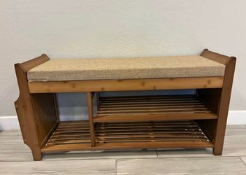 Shoe Bench with Hidden Drawer and Side Holder, 2 Tier Entryway Bench with Storage 39.4 in, Bamboo Shoe Rack with Cushion for Entryway Hallway Living R