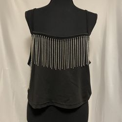 Women’s XL black Crop Cami Top W Rhinestone Fringe Sparkle Stretchy 