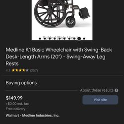 Medline K1 Basic Wheelchair with Swing-Back Desk-Length Arms (20") - Swing-Away Leg Rests