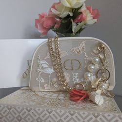 Dior CD Logo Beige Embroidered Cosmetic Pouch 
