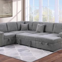 Brand New Comfy Corduroy Pullout Sectional Set W/USB Charging 