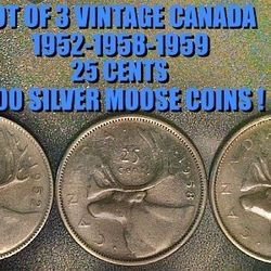 LOT OF 3 VINTAGE CANADA 1(contact info removed)-2959 .800 SILVER 25 CENT MOOSE COINS VF AS SHOWN !