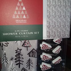 Brand New Shower Curtain Christmas And Hooks. Cyber Deal