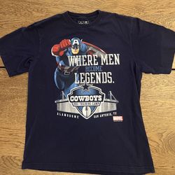 Rare Official Cowboys Team Apparel Dallas Cowboys Vintage 2011 Alamodome Training Camp Captain America Where Men Become Legends Shirt Size Large
