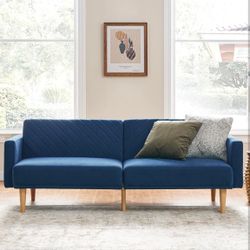 mopio 76.8" Futon Sofa Bed, Small Couch, Sleeper, Loveseat, Mid Century Modern Futon Couch, Sofa Cama, Couches for Living Room (Classic Blue Velvet)
