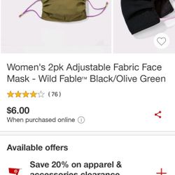 Women's 2pk Adjustable Fabric Face Mask