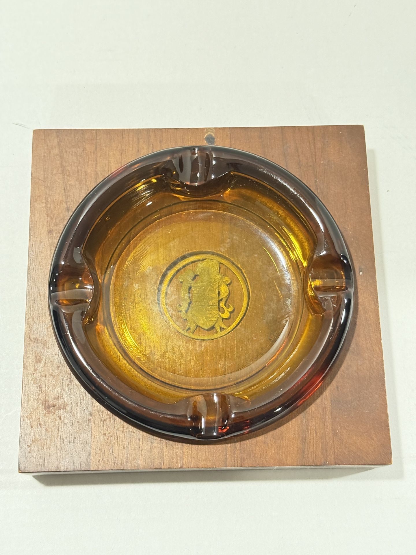 Vintage Ashtray, amber glass in wooden base