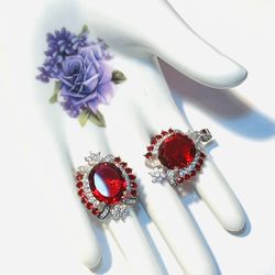 Sterling Silver.925 Stamped Red Ruby and CZ Ring and Pendant Set.