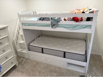 Hillsdale Schoolhouse 4.0 White Twin Bunk Bed with Storage Stairs, Two mattresses, and trundle