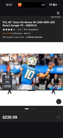 50” tcl google smart tv