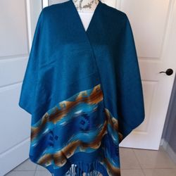 Women's Poncho Andean Pattern, Reversible, Blue, Black Sides Handmade In Ecuador 