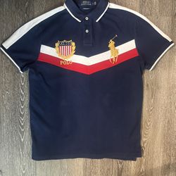 Polo Ralph Lauren Navy Blue Polo Shirt With Red And White Accents. Size L