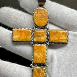 Native American Sterling Silver & Orange Spiny Shell  Cross Pendant