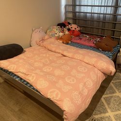 Full Size Metal Bed Frame - Sturdy Silver/Gray Platform Style - Great Condition