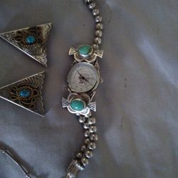 Sterling Silver Turquoise Watch With 2 Sterling Silver And Turquoise Neck Corners For Shirt 