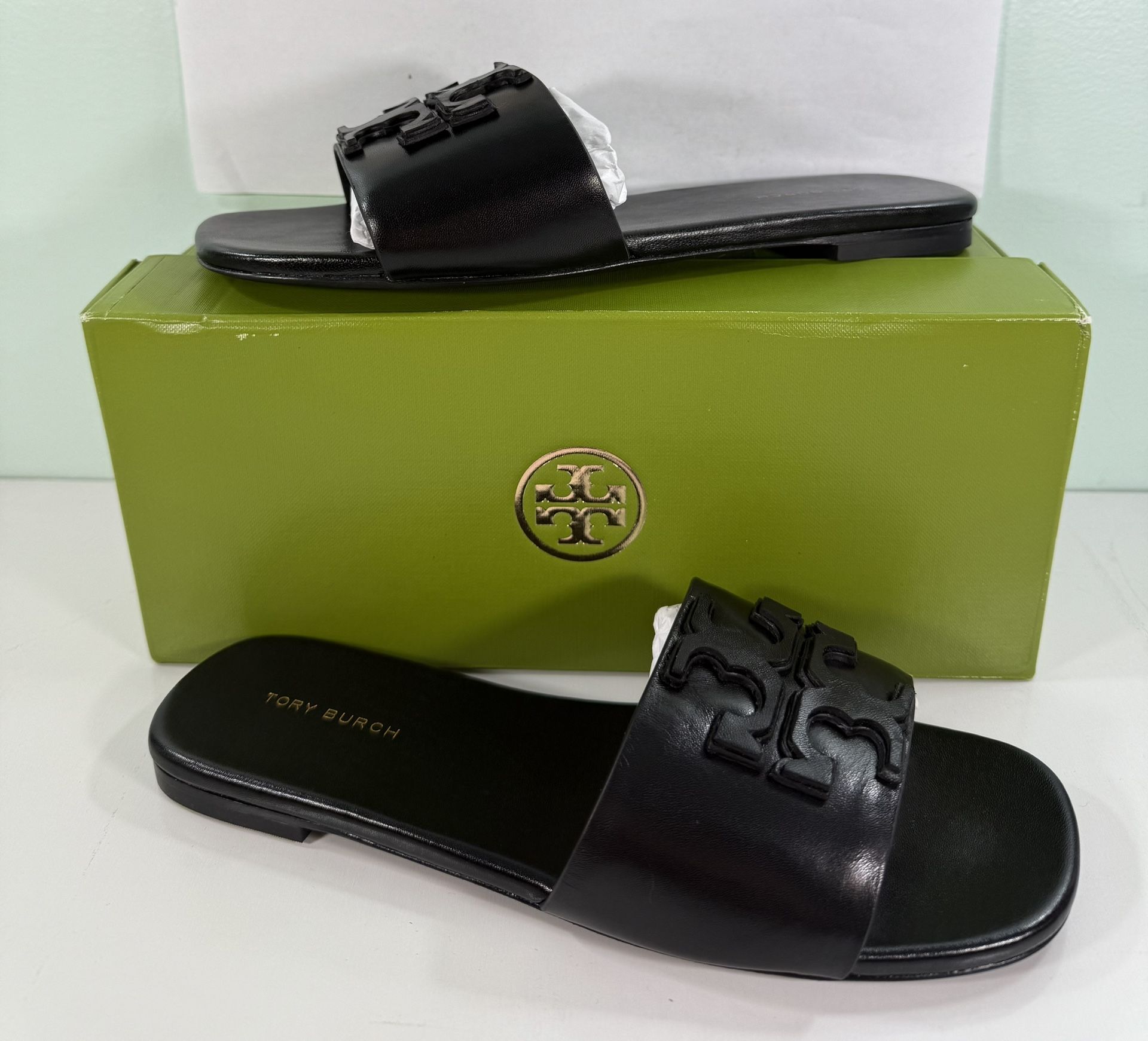 New TORY BURCH Women's Ines Flat Slide Goat Leather - Perfect Black 006 - size 6