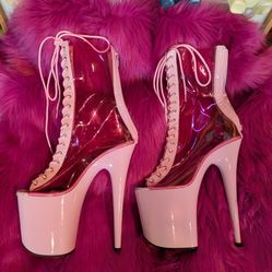 Flamingo-800-34 Pink Platform Ankle Boots - 8" Heel, Lace-Up, Peep Toe