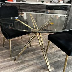 Modern Glass Dining Table + 2 Black Velvet Chairs – Gold Legs
