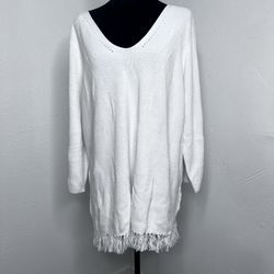 Talbots Woman’s White V-Neck Sweater with Fringe Hem Boho Western Size: 3X