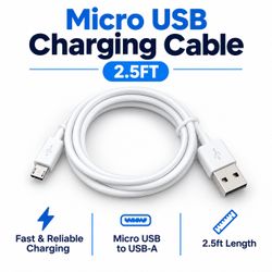 White Micro USB Cable 2.5FT USB-A Charging Data Sync Cord