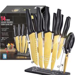 Gold Knife Set , 14 Pieces Stainless Steel  with Acrylic Stand