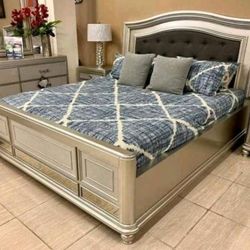 Coralayne Queen Upholstered Sleigh Bed With Mirrored Dresser, Chest And 2 Nightstands, Furniture ✌️