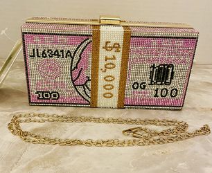 Full Rhinestone $10000 Bill Clutch Purse Bag With 46 Inch Chain Strap